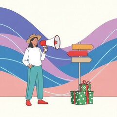 Woman with megaphone standing near a signpost with gift boxes and colorful wavy background advertising announcement