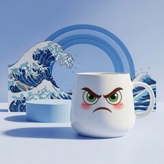 A white ceramic mug with an angry emoji face and blushing cheeks sits on a light blue podium with a stylized japanese wave background