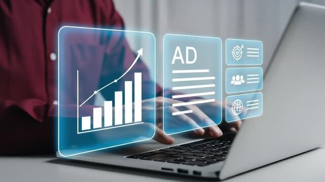 Digital marketing commerce online sale concept. Planning, advertising marketing strategies to target social media native, ad, advertisers and sales. Person using laptop to advertise on website.