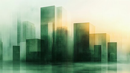 A dreamy abstract depiction of green-hued skyscrapers against a soft yellow background, evoking a sense of tranquility and modernity.