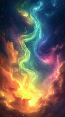 A vibrant cosmic scene featuring swirling colors like green, blue, and orange, reminiscent of a nebula, showcasing deep space beauty.