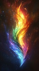 Vibrant cosmic artwork depicting a colorful flame-like shape in space, featuring swirls of rainbow colors against a starry background.