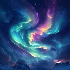 Stunning cosmic scene showcasing vibrant auroras in colorful skies above majestic mountains under a starry night.