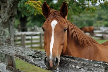Obraz premium Chestnut Horse Portrait by Fence on Summer Pasture with Detailed Eye 