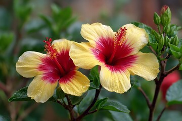 Obraz premium Stunning Hibiscus Flower Close-Up with Yellow Petals and Red Center 