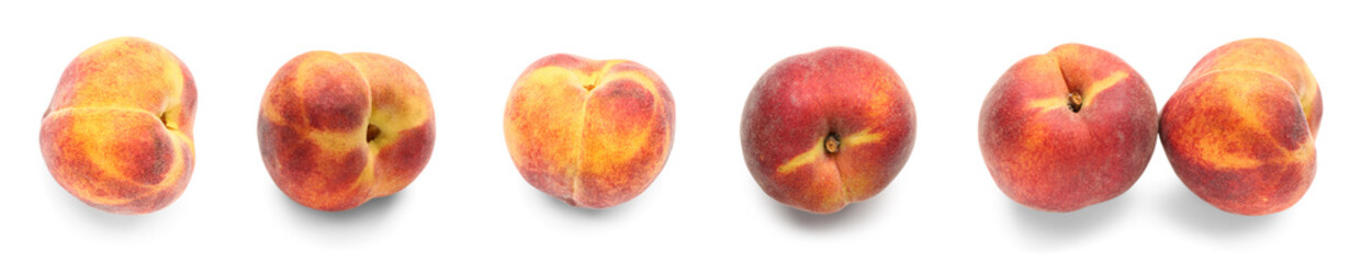 Set of sweet peaches on white background
