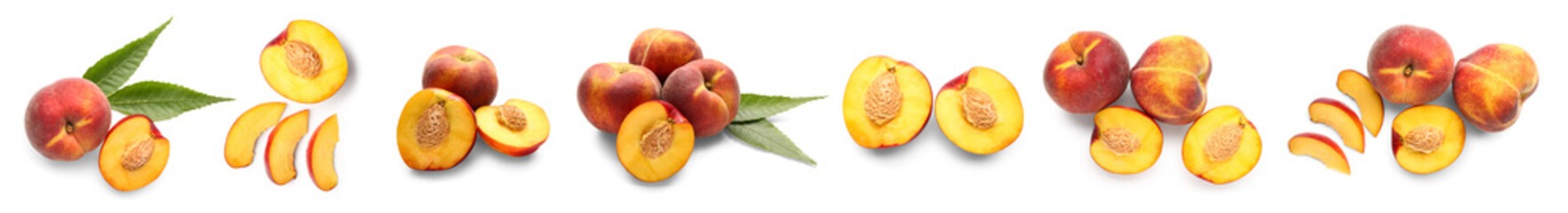 Set of many sweet peaches on white background