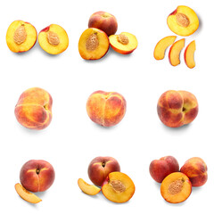Set of many sweet peaches on white background