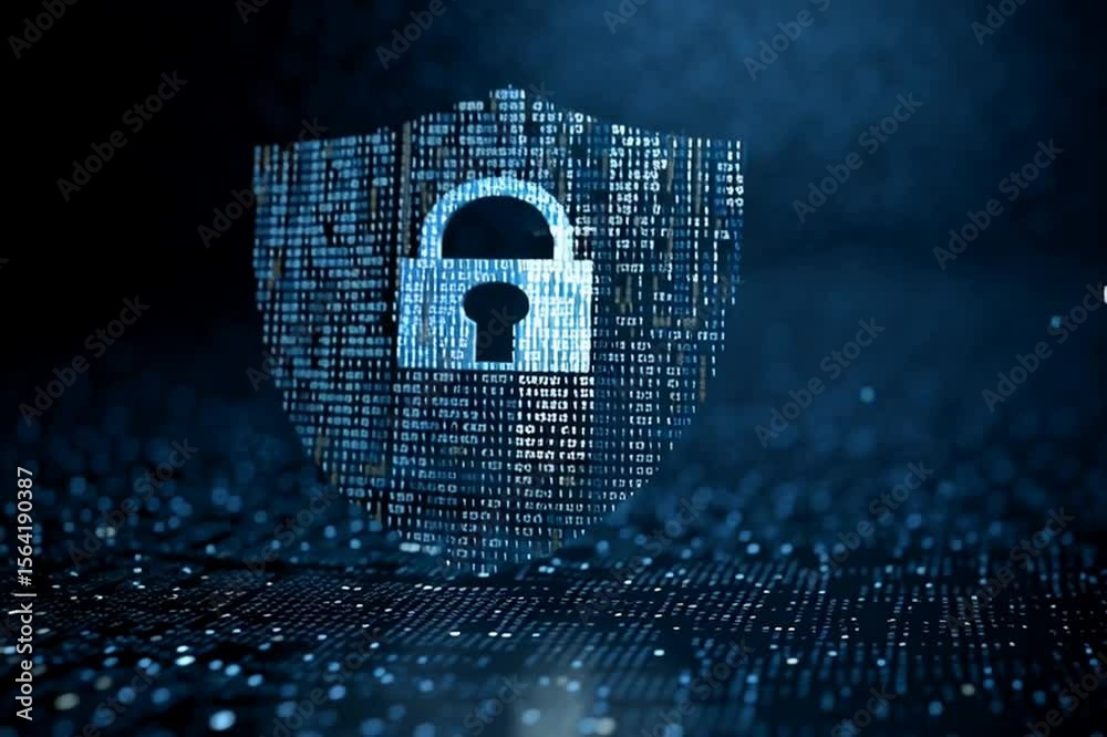 Poster a digital shield with an open padlock icon, surrounded by binary code on a dark blue background, sym