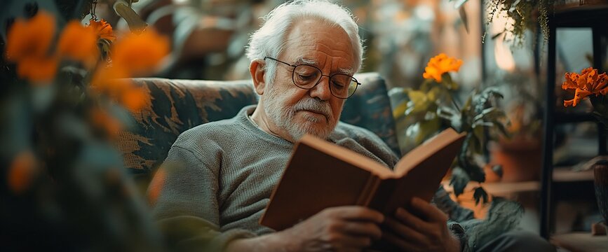 Serene Senior Moment: Elderly Man Reading Book Surrounded by Orange Flowers