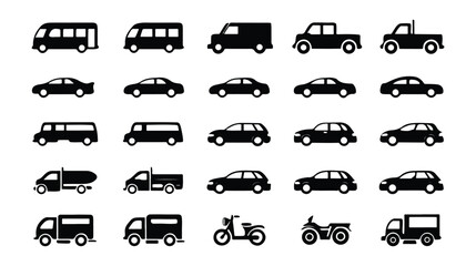 Collection of black vehicle icons on white background 4