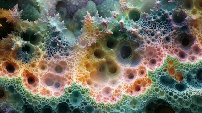 Colorful abstract fractal design with intricate patterns resembling bubbles and organic shapes. Perfect for digital art and backgrounds.