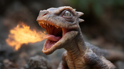Close-up of fire-breathing baby dragon with open mouth