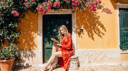 A woman in a bright orange long dress sits on a stone step, reading a book in front of a colorful building with a green door and windows. The building is adorned with lush green plants and vibrant pin