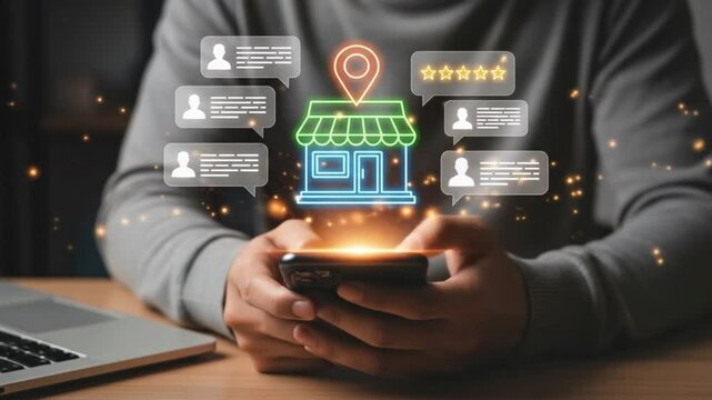 Local business reviews and customer feedback system on mobile device, showcasing star ratings for small businesses. Digital marketing, local SEO, Consumer experience in online business reviews