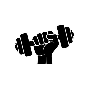 Solid Black Icon of Hand Holding Dumbbell