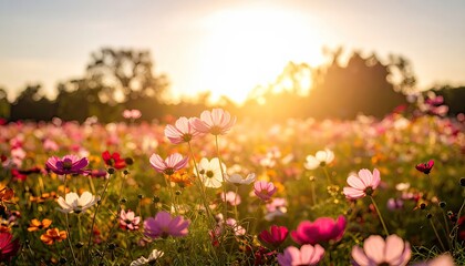 Blooming Cosmos Flowers at Sunset