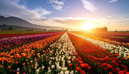 Colorful Tulip Field at Sunset, Skagit Valley