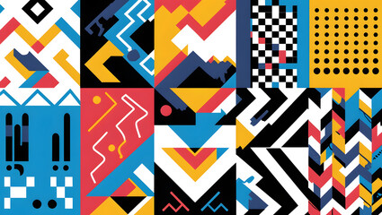 A playful, offbeat vector set geometric shapes, primary colors, zig-zag patterns, checkerboards, and squiggly lines