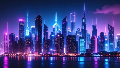 Fototapeta premium Vibrant Neon City Skyline At Night