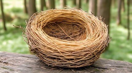 Empty Bird Nest on Wooden Surface in Forest