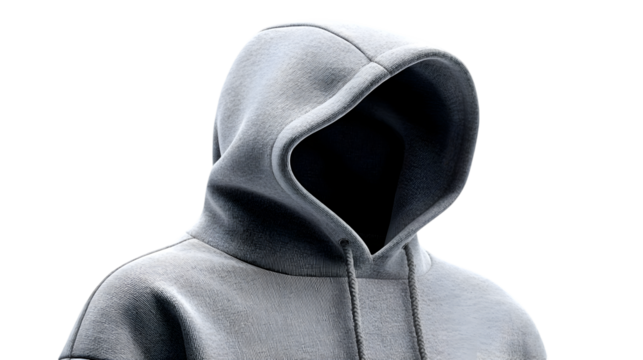 Anonymous Figure in Gray Hoodie, Hood Up, Faceless, Isolated on White Background
