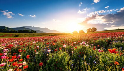 Colorful Field of Wildflowers with Mountain Backdrop at Sunset