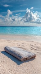 Obraz premium Tranquil beach scene with folded towel on sandy shore under blue skies
