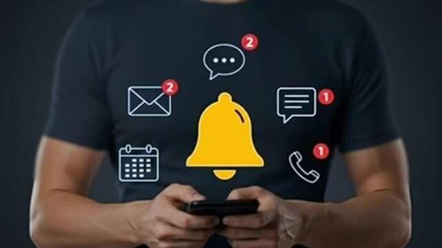 Businessman using smartphone to manage multiple notifications, including email, calendar events, phone calls, and messages, representing business communication, digital connection, productivity