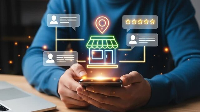 Local business reviews and customer feedback system on mobile device, showcasing star ratings for small businesses. Digital marketing, local SEO, Consumer experience in online business reviews