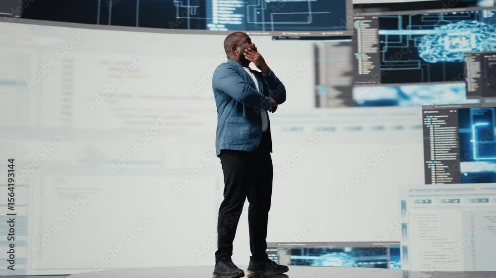 Poster african american engineer analyzing programming language for automation, data science with a futuris