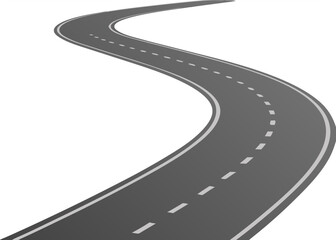Winding Road Vector &ndash; Curved Asphalt Highway with White Lines on Transparent Background