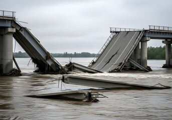 Collapsed Bridge After Floodwaters Submerged Road Structure