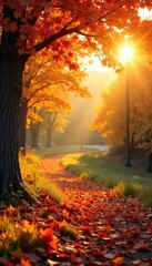 Golden Autumn Landscape Sunlit Leaves Ablaze with Vibrant Fall Colors, Evoking Joy and Warmth of the Season. Perfect for seasonal celebrations, Thanksgiving, and autumnal designs.
