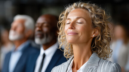 Diverse group of professionals relaxing with eyes closed and smiling in tranquil moment, business, corporate spirit and team concept