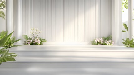 Fototapeta premium Elegant White Platform with Flowers and Columns, Minimalist Product Display Background