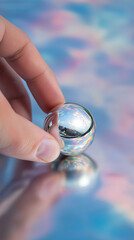 Reflective glass sphere held by a hand against a colorful background