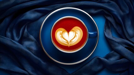 Romantic Heart Latte Art in Blue Cup on Silk