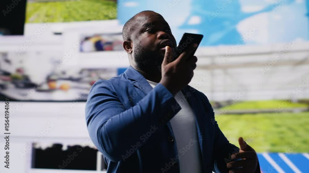Poster smiling user answering a smartphone call next to mobile apps on screen, surrounded by visual element