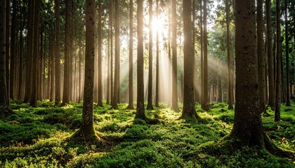 Sunlit Forest Scene: Woodland with Lush Greenery