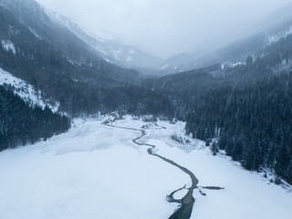 winter landscape in the mountains in austria drone view