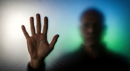 Person reaching out through frosted glass with colorful background  