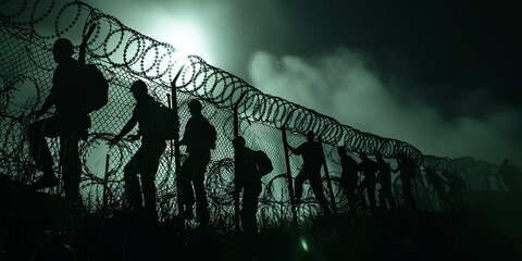 Silhouette Soldiers Breach Barbed Wire Fence in Dark Ambience of Authority and Risk