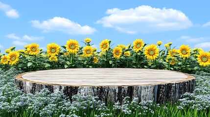 Wooden Tree Stump Platform with Sunflowers Summer Scene