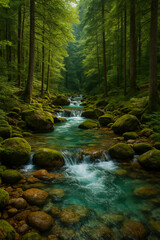 Obraz premium Distant forest stream in deep forest 4K wallpaper