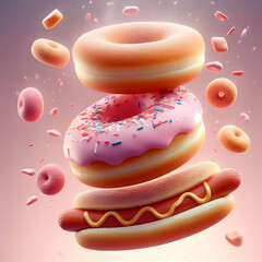 Pink donut splash on a beautiful light gradient background. sound and sweet background visuals.
