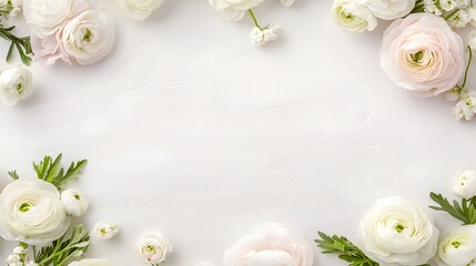 Elegant White and Pink Ranunculus Flowers Frame on White Background