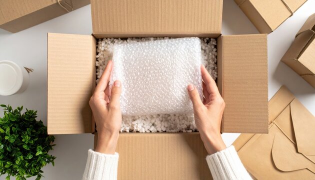 Hands Carefully Placing Bubble Wrap Inside Open Cardboard Box