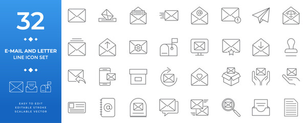 E-mail and letter communication line icon set featuring mail, messages, digital correspondence, inbox, and postal service symbols for web and app design.