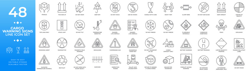 Cargo warning signs and symbols line icon set featuring shipping instructions, handling precautions, hazard warnings, and packaging safety for logistics.